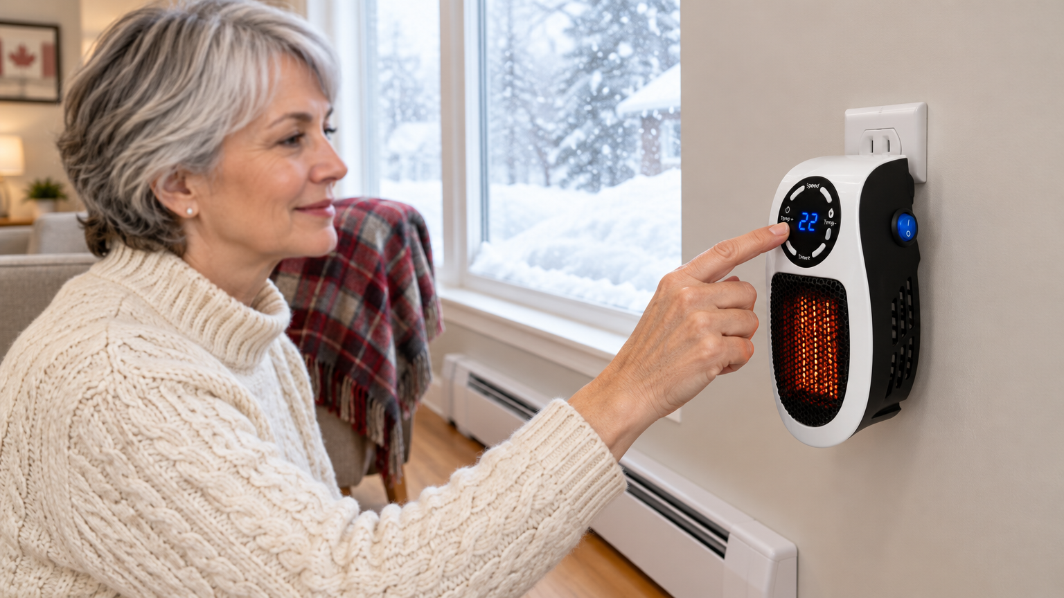 Woman adjusting a small plug-in space heater on a Canadian wall outlet, warming only her spot in a bright living room on a snowy day