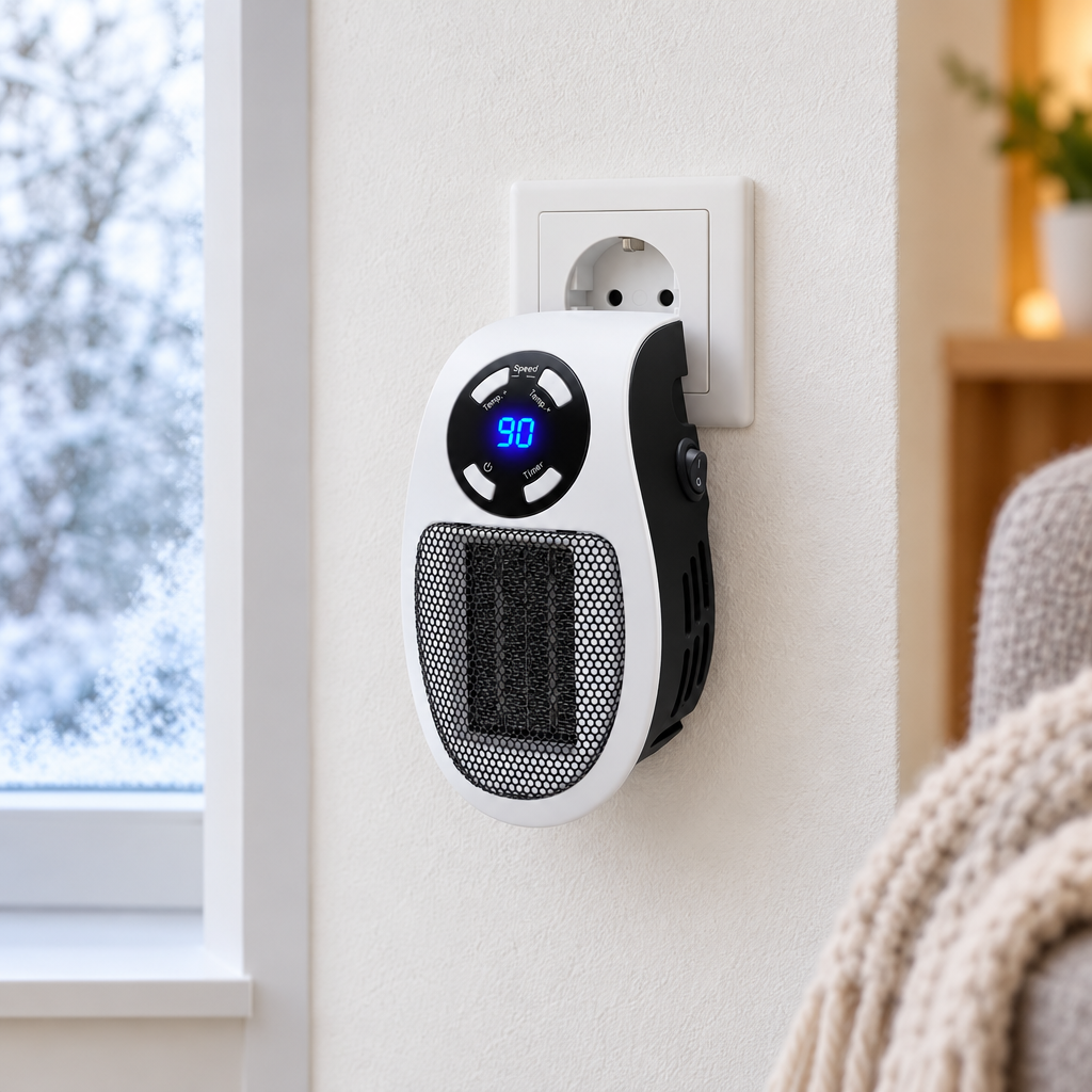 Ultra Air Heater, Mini-Heizlüfter ohne Kabel, direkt in der Wandsteckdose steckend, mit blauem Digitaldisplay