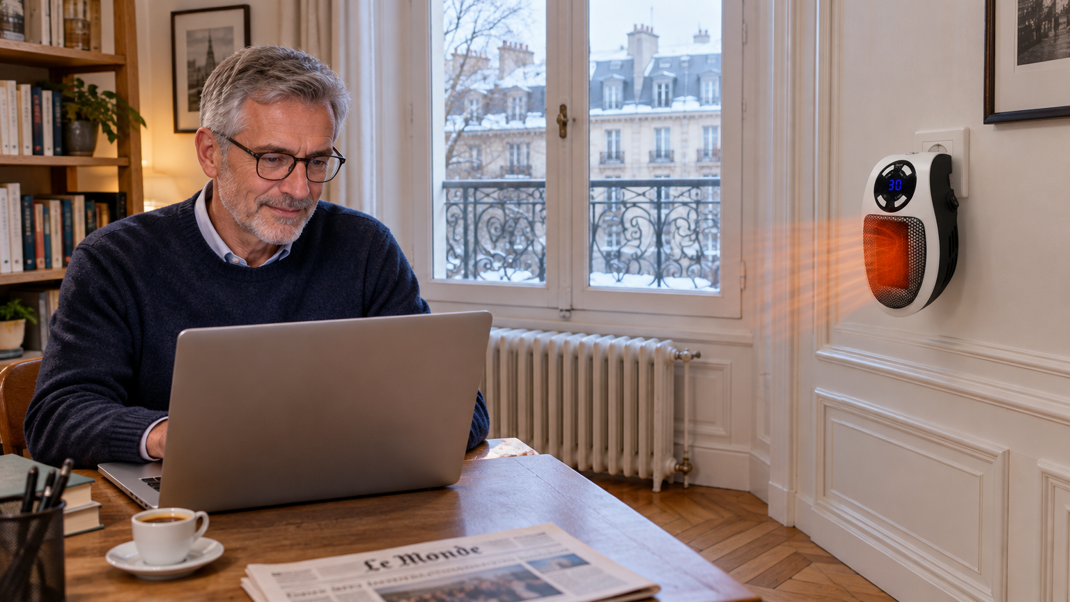 Home office dans un appartement français avec un chauffage d'appoint à prise