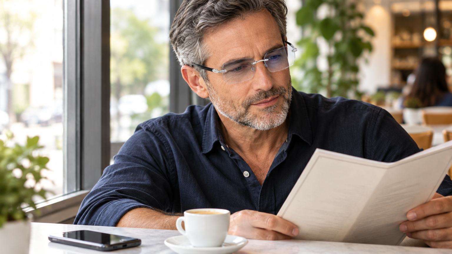 Man in his 50s reading a menu with BlueLume glasses in a cafe - near-to-far lenses