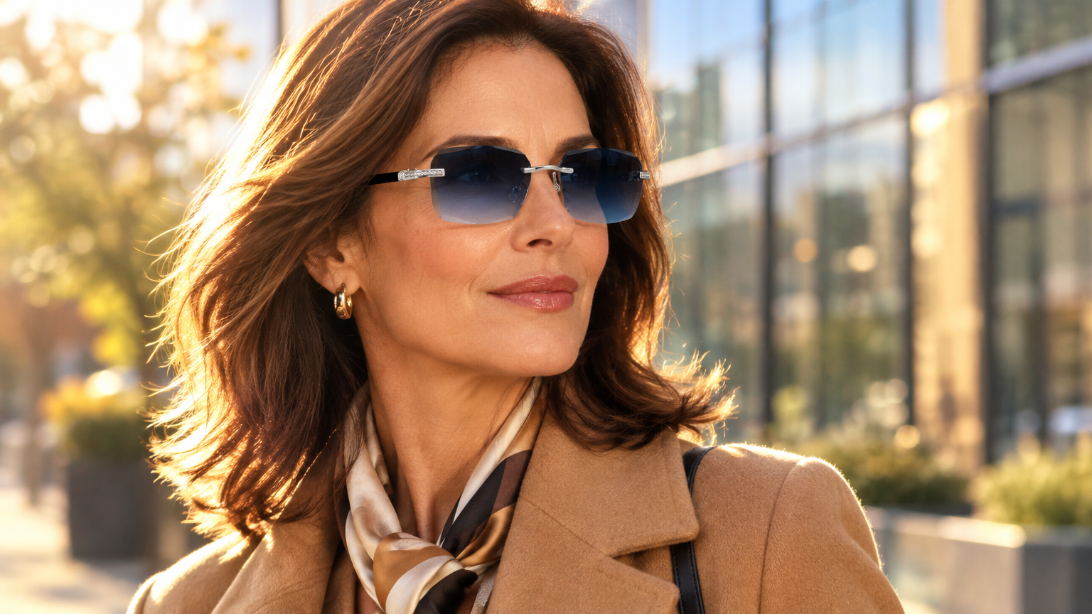 Elegant woman on a city sidewalk wearing BlueLume glasses with darkened photochromic lenses outdoors