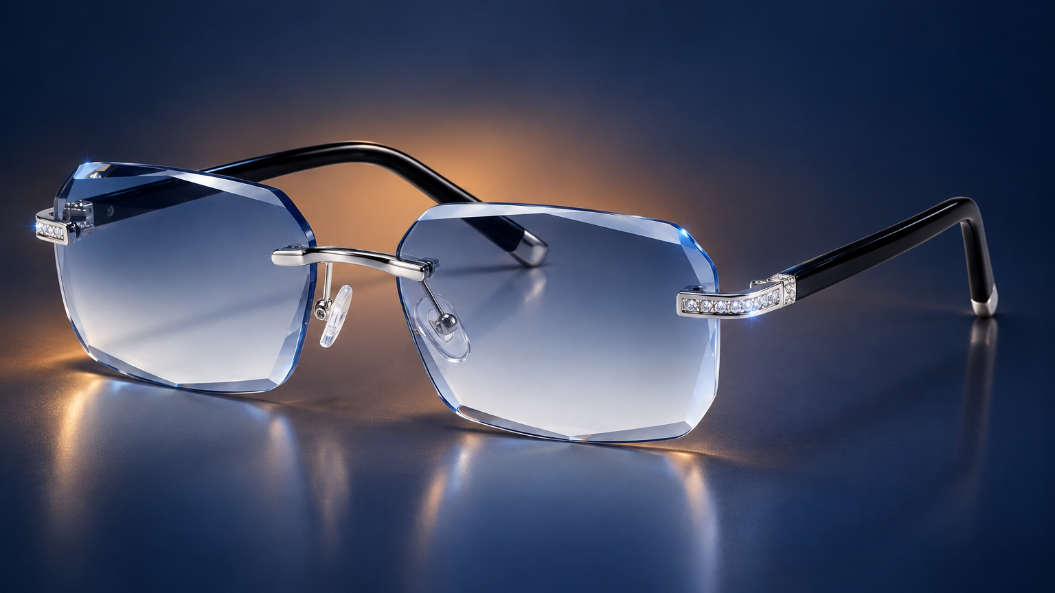 BlueLume Glasses - rimless photochromic blue light glasses with silver frame and crystal accents