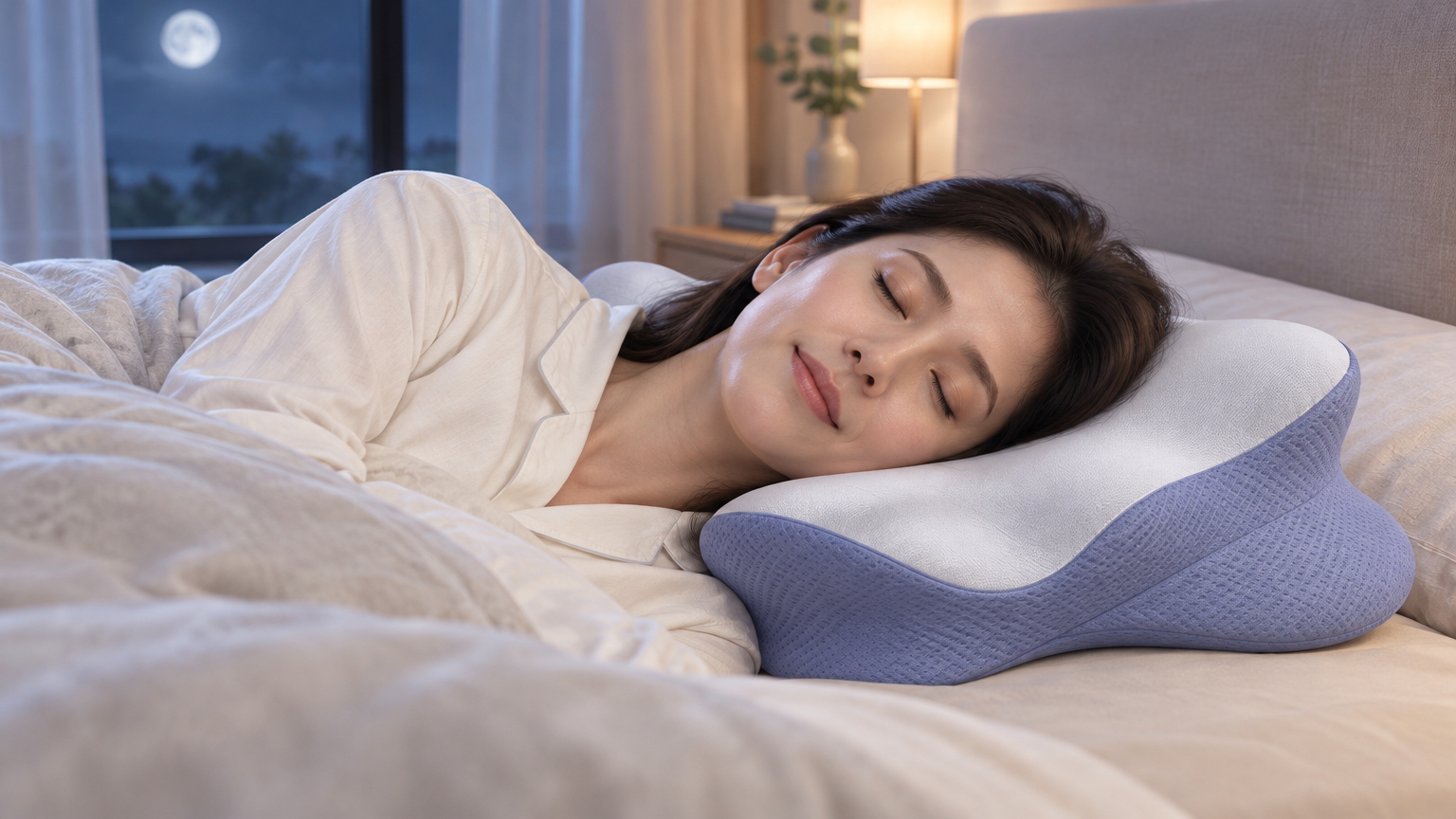 使用者側睡在 Melara Apex 枕頭上的睡眠情境示意