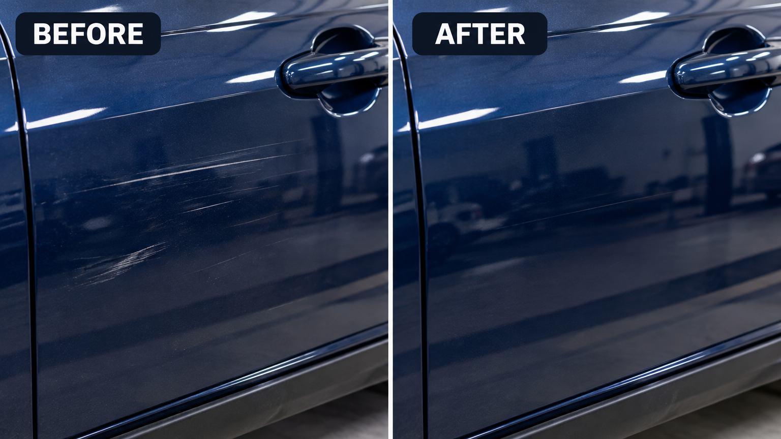 Before and after comparison of a car door scratch treated with NanoPolix