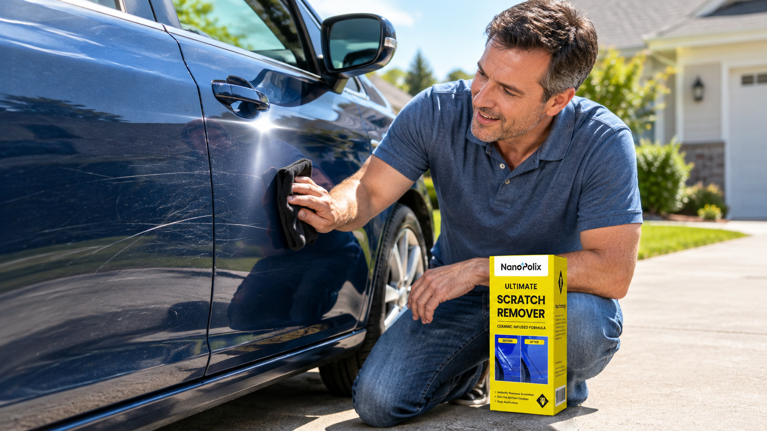 Man buffing a light car scratch with the NanoPolix nano cloth on a driveway