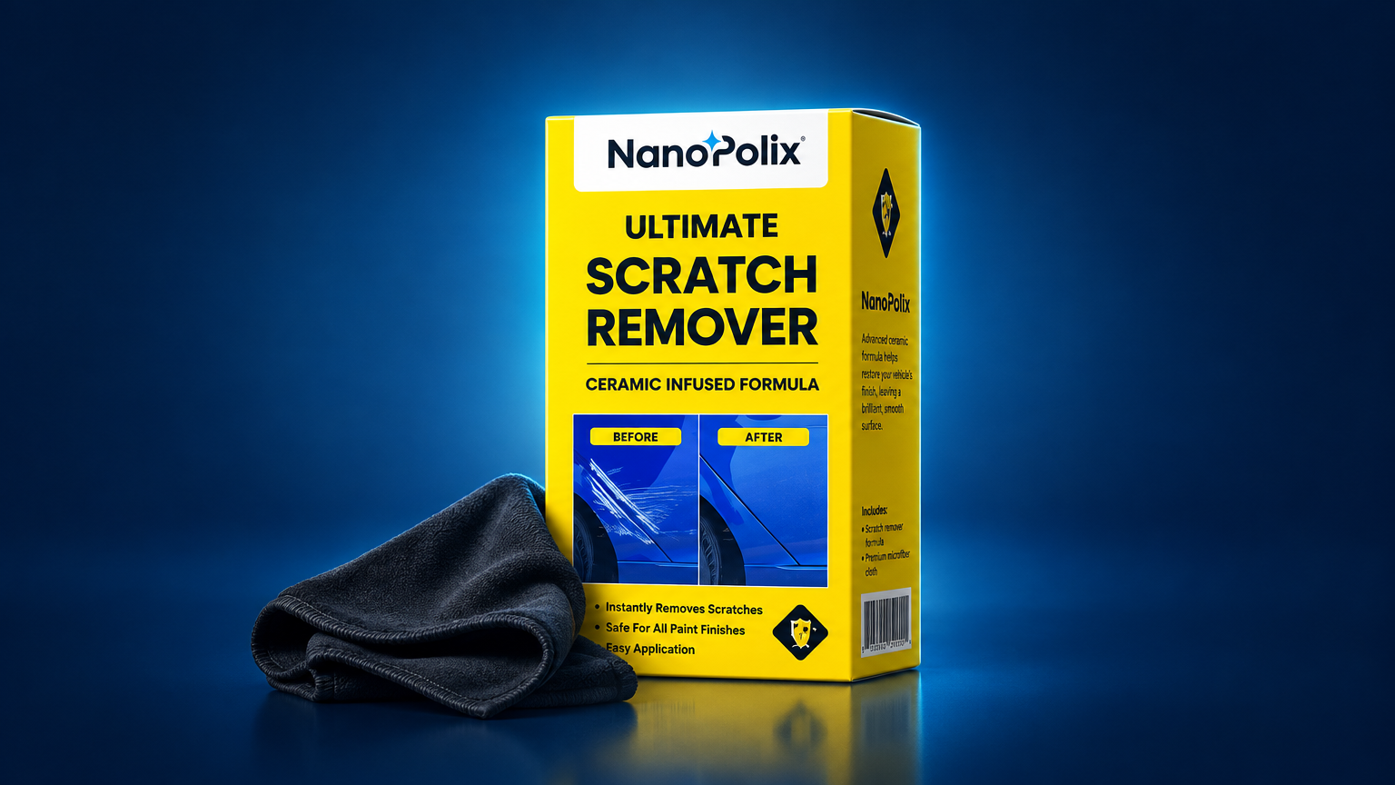 NanoPolix Ultimate Scratch Remover nano cloth in its yellow ceramic-infused box