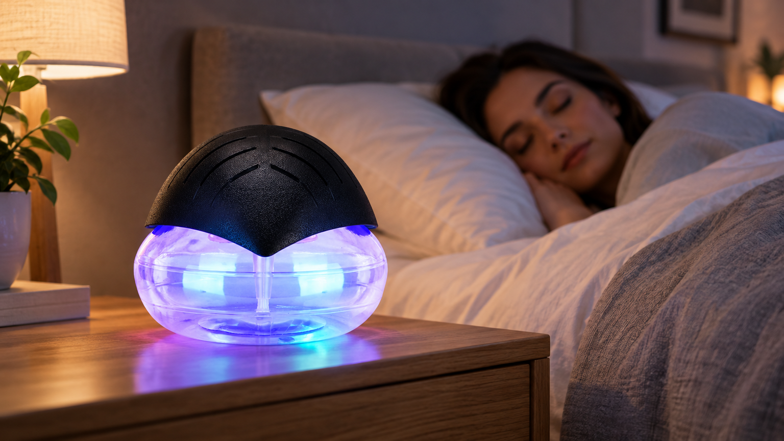 TwistaPure on a nightstand with soft LED glow in a bedroom at night
