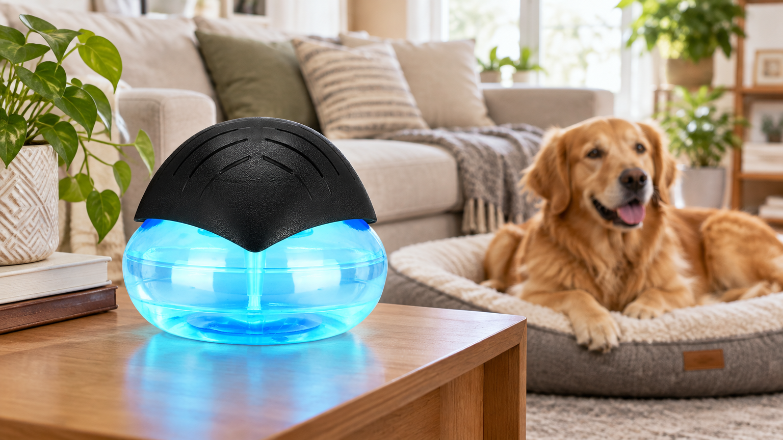TwistaPure in a bright living room with a golden retriever resting nearby