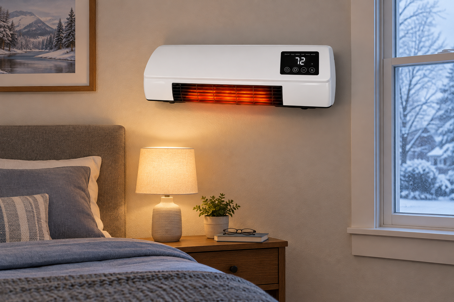 Cozy Cove Pro Heater mounted on a bedroom wall with orange light glowing at the air outlet