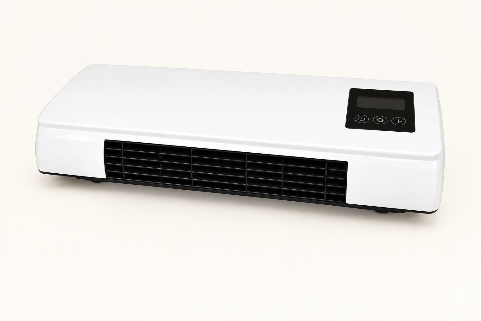 Cozy Cove Pro Heater switched off on a cream countertop, showing its white body and black louver grille