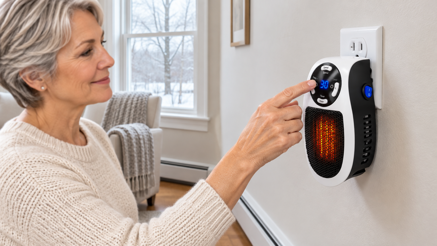 Small plug-in heater warming a home office workspace
