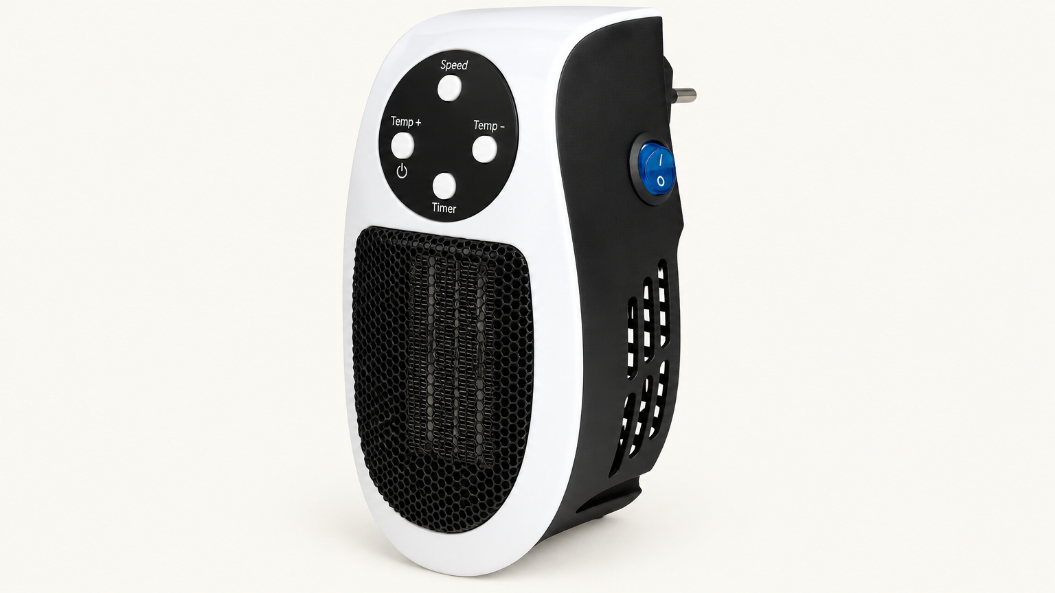 Ultra Air Heater 500W plug-in heater: white front body with black hexagonal honeycomb grille, four-button control panel with Speed, Temp +, Temp - and Timer, and integrated wall plug